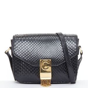 CELINE C Bag Runway black gold scaled leather fringe C clasp crossbody box bag